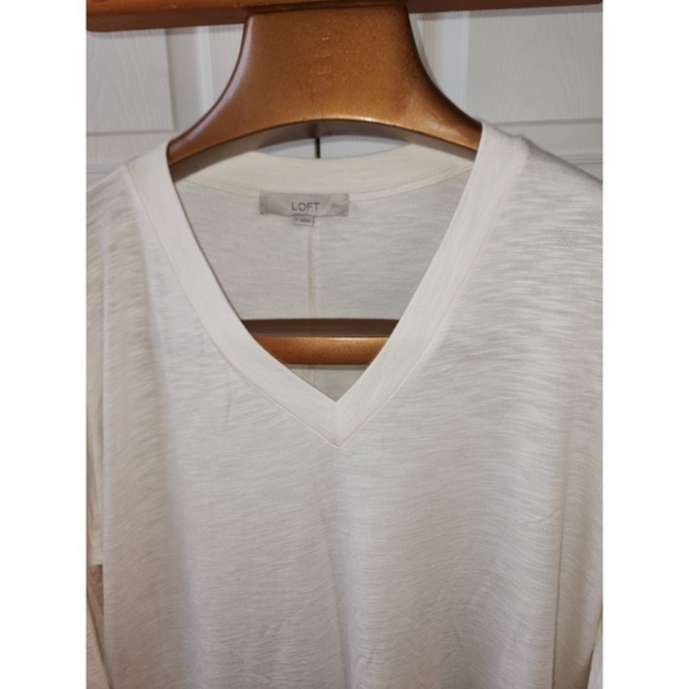 Loft Womens White Slub Knit V-Neck Long Sleeve Top Relaxed Fit Side Slits